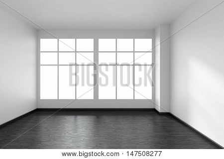 Black and white empty room with black hardwood parquet floor big window and white walls and sunlight from window front view minimalist interior 3d illustration