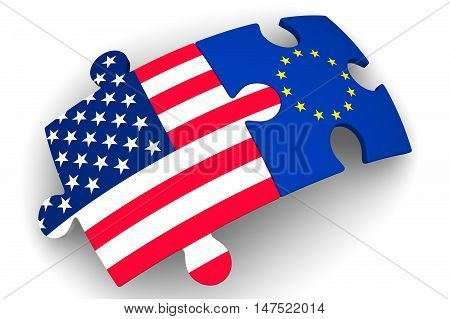 Cooperation between the European Union and the United States of America. Concept. Puzzles with flags of the European Union and the United States of America on a white surface. The concept of coincidence of interests in geopolitics. Isolated. 3D Illustrati