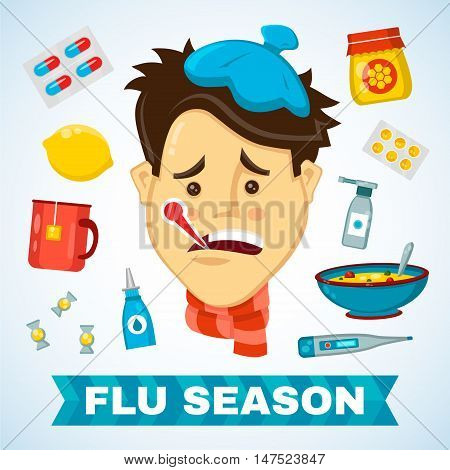 Sick man with thermometer in his mouth vector flat ollustration character. Flat icon set of cold and flu season items