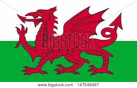 Flag of Wales in correct size proportion colors. Accurate official standard dimensions. Welsh national flag. United Kingdom patriotic symbol. UK banner. British background design. Red dragon. Vector