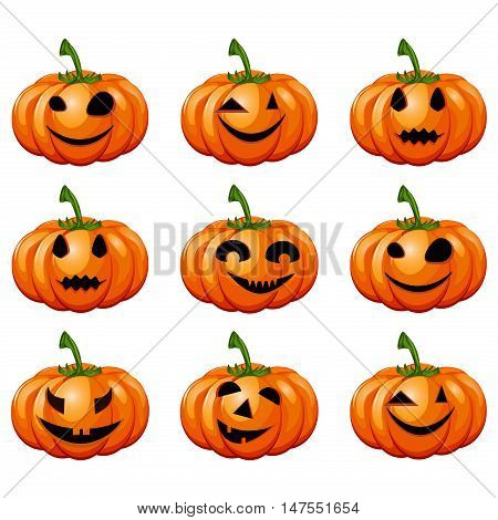 Set pumpkins for Halloween. Set of spooky halloween jack o lanterns. Halloween pumpkin orange scary holiday jack o lanterns symbol. Funny halloween pumpkin jack o lantern face vector set.