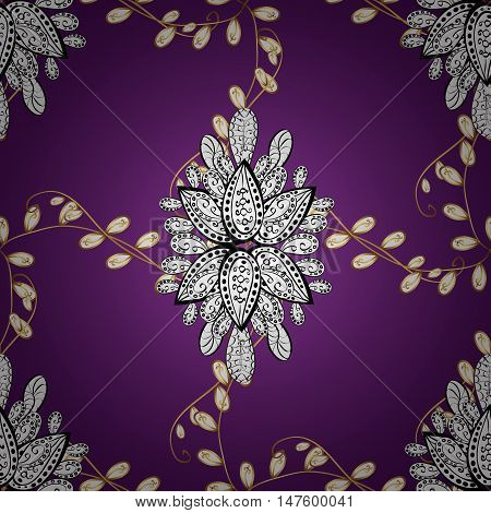 Vector pattern on lilac gradient background with golden flowers. Violet goden white.