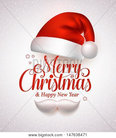 Merry christmas title typography vector concept in red with christmas hat and santa white beard in a white snow background. Vector illustration