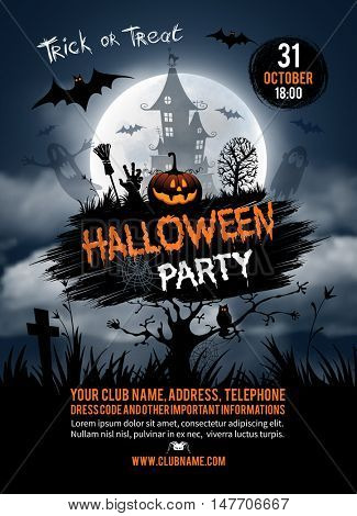 Halloween vertical background with pumpkin, haunted house and full moon. Flyer or invitation template for Halloween party. Vector illustration.