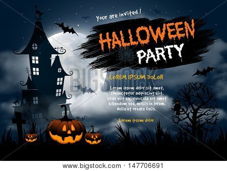 Halloween night background with pumpkin, haunted house and full moon. Flyer or invitation template for Halloween party. Vector illustration.