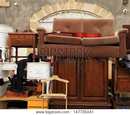 Vintage furniture and other staff at Jaffa flea market district in Tel Aviv-Jaffa, Israel.