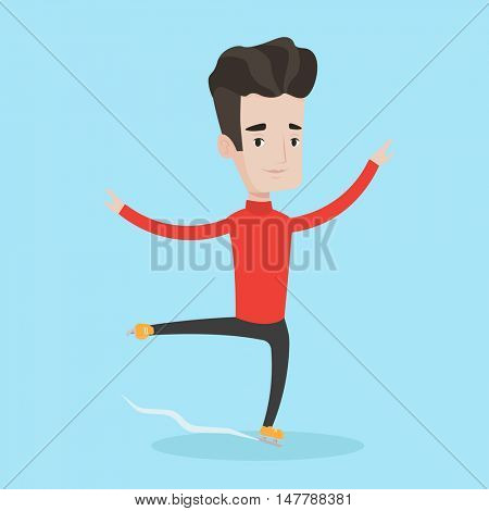 Professional male figure skater performing on ice skating rink. Young ice skater dancing. Caucasian male figure skater posing on skates. Vector flat design illustration. Square layout.