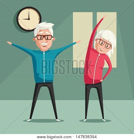 Senior people and gymnastics. Elderly couple. Grandparents doing exercises. Sport. Morning exercises. Cartoon vector illustration