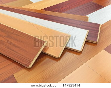 Parquet o laminate wooden planks of the different colors on the floor. 3d illustration