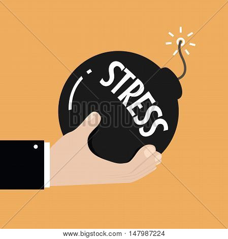 Stress and stressful situation concept. Hand holding bomb with burning fuse and stress text on it. vector