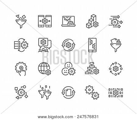 Simple Set Of Data Processing Related Vector Line Icons. Contains Such Icons As Filter, Gear, Scheme