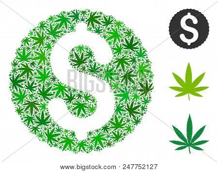 Dollar Coin Collage Of Weed Leaves In Various Sizes And Green Variations. Vector Flat Weed Icons Are