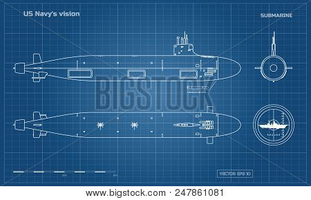 Blueprint Of Submarine. Military Ship. Top, Front And Side View. Battleship Model. Industrial Drawin