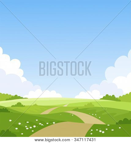 Beautiful Spring Landscape, Banner With Green Fields And Meadows. Summer Natural Background With Pla