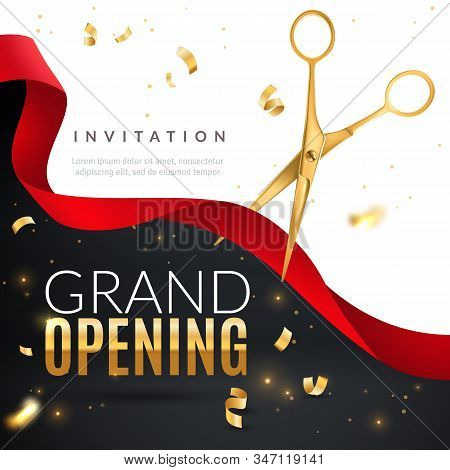 Grand Opening. Golden Confetti And Scissors Cutting Red Silk Ribbon, Inauguration Ceremony Banner, O