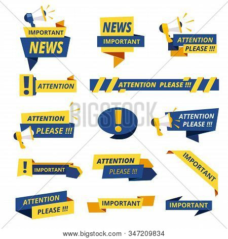 Important Badges. Attention Notice Announcement Stickers Vector Collection Stylized Promotional Grap