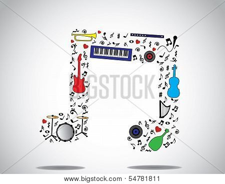 Icône de Note de musique composé de différents Instruments de musique et de Notes avec un fond blanc lumineux