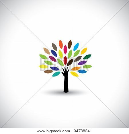 human hand & tree icon with colorful leaves