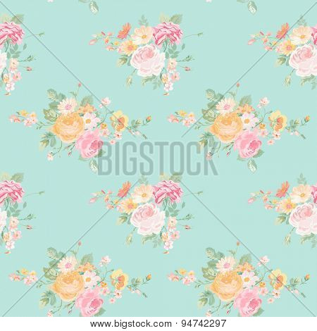 Vintage Flowers Background - Seamless Floral Shabby Chic Pattern - in vector