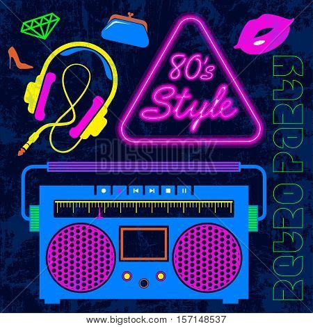 80's Retro neon style elements Colorful background. Vintage Lips, headphones, vintage cassette radio, eighties fashion vector graphic disco banner and poster. Old time style fashion graphic template.