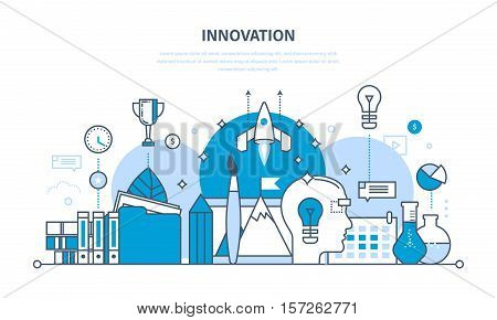 Innovation, creative thinking and creative process, brainstorming, imagination and vision, search for information and research. Illustration thin line design of vector doodles, infographics elements.