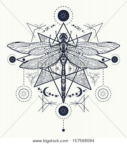 Dragonfly tattoo. Hand drawn mystical symbols and insects. Dragonfly tattoo sketch. Alchemy religion occultism spirituality dragonfly tattoo art coloring book