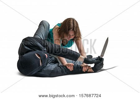 Young Woman Is Fighting With Armed Mugger. Isolated On White Bac