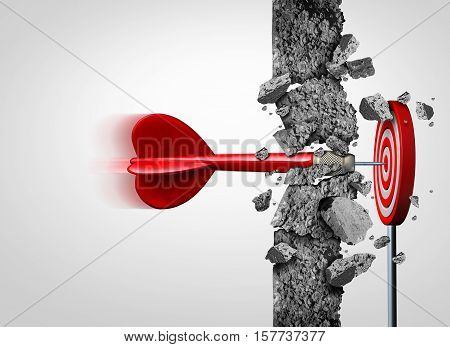 Breaking Through for success without limits and overcoming obstacles as a concrete wall to achieve a goal as a metaphor for a cure or business goals and hitting a financial target with 3D illustration elements.