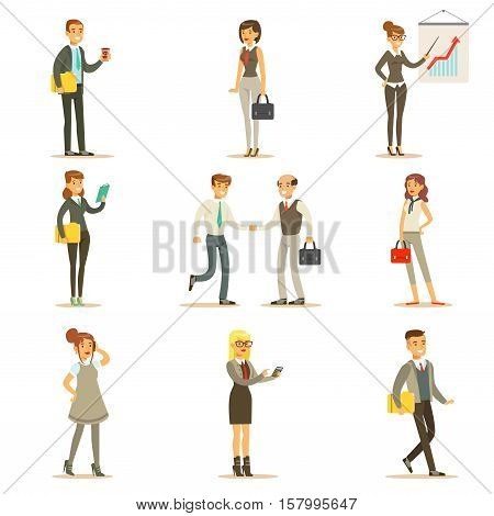 Business, Finance And Office Employees In Suits Busy At Work Set Of Cartoon Businessman And Businesswoman Characters Illustrations. Collection Of Vector Drawings With People Working In Financial And Marketing Spheres Wearing Dress Code Clothing.