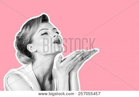 Skincare, Haircare, Beauty Concept - Woman With Perfect Skin, Red Lips Blowing Kiss From Hand. Beaut