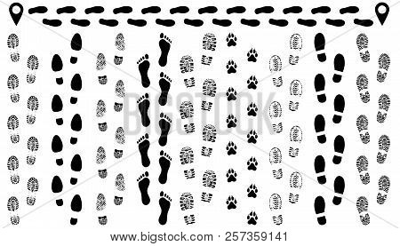 Footprint Of Shoes On The Road, Isolated Set Silhouette Vector. Traces Sole, Imprint. Footstep, Foot