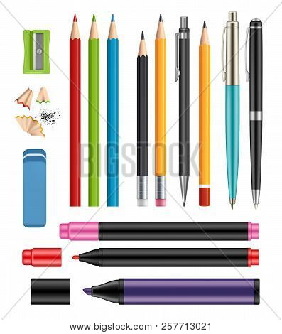 Pen And Pencils. Office Stationery School Colored Items Of Education Help Vector 3d Realistic Collec