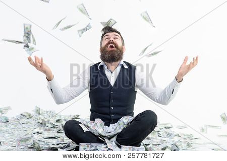 Businessman Is Happy With His Money. Banknotes, Cash Dollars Fly In Air. Business Success, Richness&