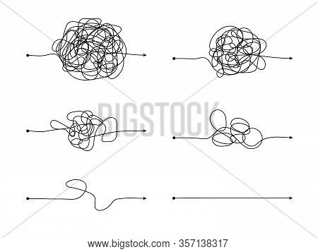 Messy Lines. Complex Way To Easy Scribbled Round Chaos, Difficult Route Line. Tangle, Process Start 