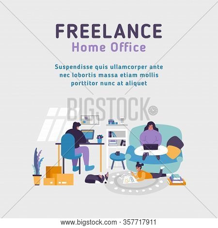 Home Office Apartment. Workspace Freelancer Family. Man Works At Desk Pc. Woman Works With Laptop. B