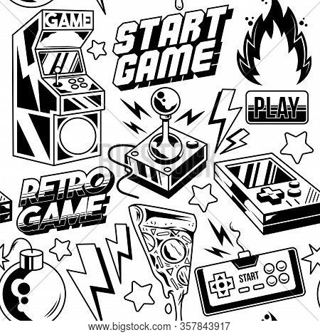 Vintage Style Seamless Pattern With Retro Arcade Machine, Old Game Controller, Retro 8 Bit Game Joys