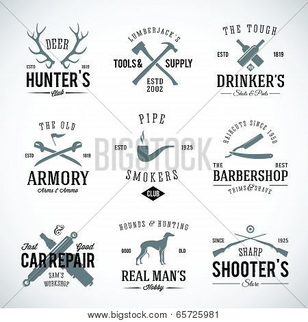 Set Of Vintage Labels With Retro Typography For Men's Hobbies Such As Hunting Arms Dog Breeding Car