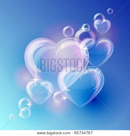 Romantic background with bubble hearts shapes on blue background.