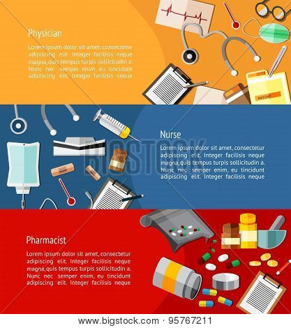 Physicians Such As Doctor, Nurse, And Pharmacist And Health Care Icon Tools Infographic Banner Templ