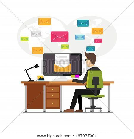 An office worker sending emails and communication with clients. Email marketing concept. Sending or receiving email concept illustration for web banner , web element , graphic element