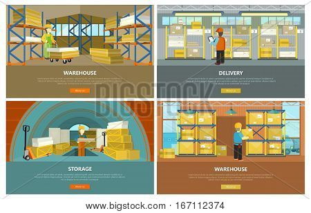 Warehouse interior, storage and delivery banners. Equipment delivery process of warehouse. Logisti and factory building interior, business delivery, logistics, storage cargo illustration.