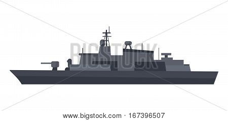 Military warship vector. Coast guard cutter with small-caliber cannon on turret flat illustration isolated on white background. Navy armored boat. For military concept, infographics, icon, web design