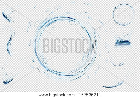 Transparent water splashes drops circle and crown from falling into the water in light blue colors. Vector 3d illustration. Purity freshness concept. Website abstract water background set