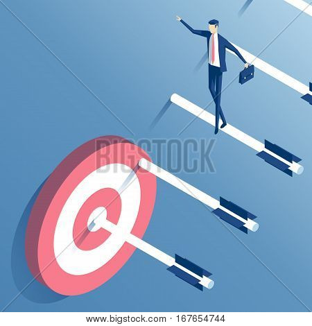 businessman goes up the stairs of arrows to the target an employee walks down the ladder of arrows shot from a bow towards its goal. business concept the path to the goal