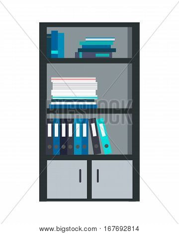 Large bookcase with different books isolated. Folders and documents ordered in bookcase. Modern office interior. Books on bookshelves. Library scene bookcase in flat design style. Vector illustration