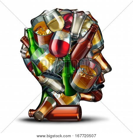 Alcohol psychology and alcoholism concept as a group of beer wine and hard liquor glasses shaped as a a human head as a symbol for an alcoholic disorder and addiction as a 3D illustration.