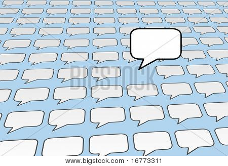 One speech bubble copy space voice talks over the noise of social media or blog voices on blue background.