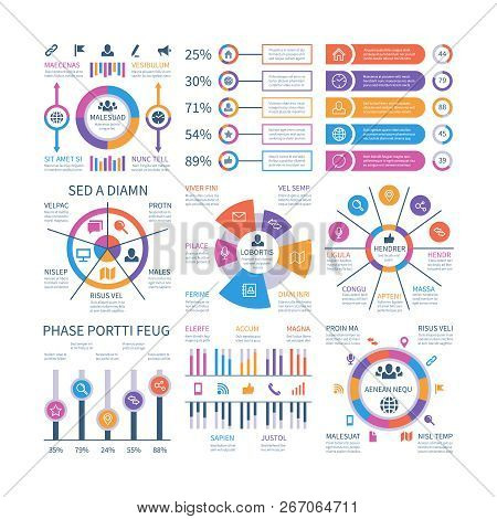 Financial Infographic. Business Bar Graph And Flow Chart, Economic Diagram Circle Charts With Icons.