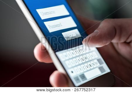 Login Screen In App Or Website In Smartphone. Username, Password And Log In To Online Bank With Phon
