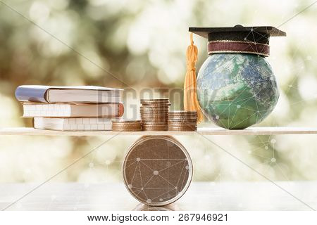 Online Education Learning Abroad International Ideas. Graduation Cap On Globe Model Map With Stack C